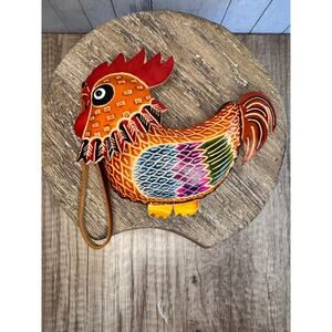Genuine Leather Rooster Coin Purse Wristlet Chicken Hand Painted Leather